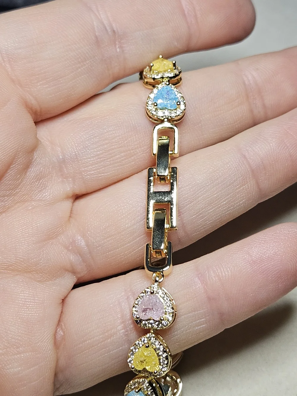 Gold Tone Stainless Steel Heart Multicolor Stone Bracelet W Extra Link
